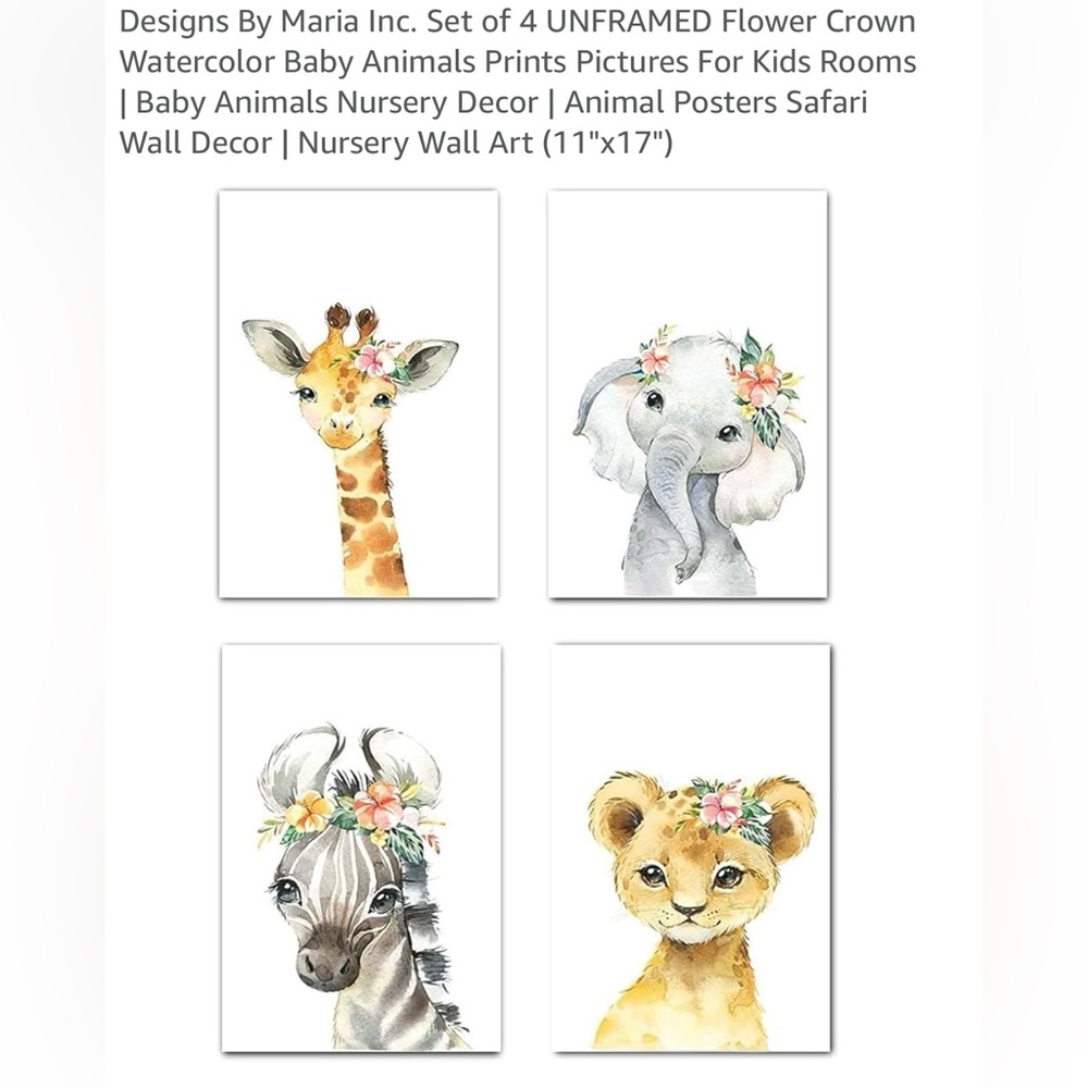 Amazon Watercolor Baby Animals Wall Art Set - Giraffe, Elephant, Zebra, Lion